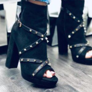 Black Studded Open Toe Bootie